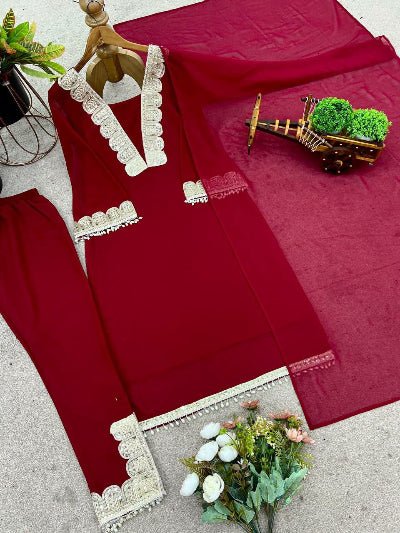 Maroon Georgette Lace Work Full Sleeves Suit - BONYHUBSALWAR KAMEEZ