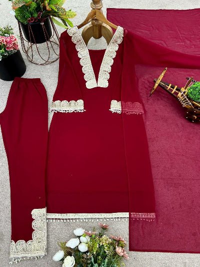 Maroon Georgette Lace Work Full Sleeves Suit - BONYHUBSALWAR KAMEEZ