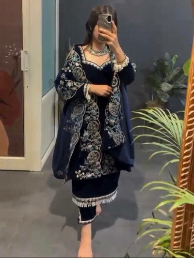 Navy Blue Velvet Elegant Thread Work Straight Suit - BONYHUBSALWAR KAMEEZ