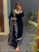 Navy Blue Velvet Elegant Thread Work Straight Suit - BONYHUBSALWAR KAMEEZ
