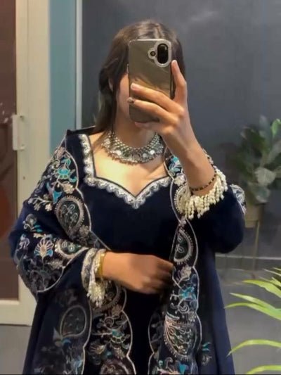 Navy Blue Velvet Elegant Thread Work Straight Suit - BONYHUBSALWAR KAMEEZ
