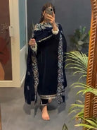 Navy Blue Velvet Elegant Thread Work Straight Suit - BONYHUBSALWAR KAMEEZ