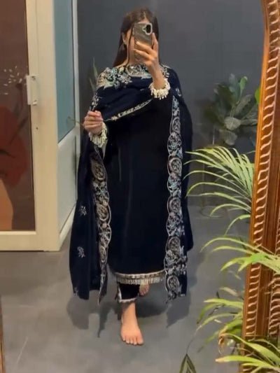 Navy Blue Velvet Elegant Thread Work Straight Suit - BONYHUBSALWAR KAMEEZ