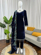 Navy Blue Velvet Elegant Thread Work Straight Suit - BONYHUBSALWAR KAMEEZ