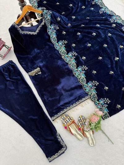 Navy Blue Velvet Elegant Thread Work Straight Suit - BONYHUBSALWAR KAMEEZ