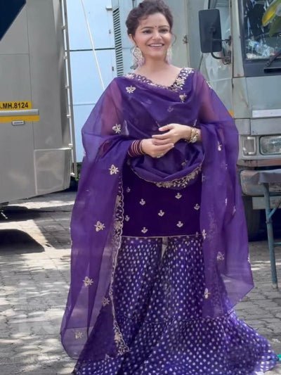 Purple Velvet Embroidery Work Sharara Suit - BONYHUBSALWAR KAMEEZ