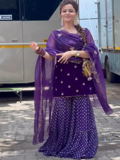 Purple Velvet Embroidery Work Sharara Suit - BONYHUBSALWAR KAMEEZ