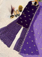 Purple Velvet Embroidery Work Sharara Suit - BONYHUBSALWAR KAMEEZ