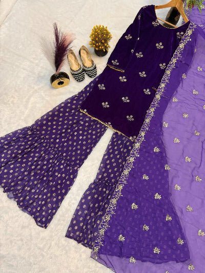Purple Velvet Embroidery Work Sharara Suit - BONYHUBSALWAR KAMEEZ