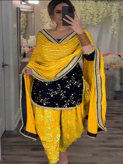 Yellow & Black Velvet Embroidery Sequins Patiyala Suit - BONYHUBSALWAR KAMEEZ