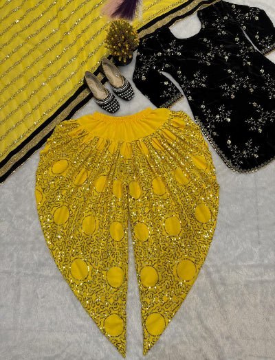 Yellow & Black Velvet Embroidery Sequins Patiyala Suit - BONYHUBSALWAR KAMEEZ