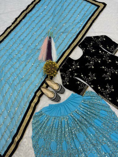 Blue & Black Velvet Embroidery Sequins Patiyala Suit - BONYHUBSALWAR KAMEEZ