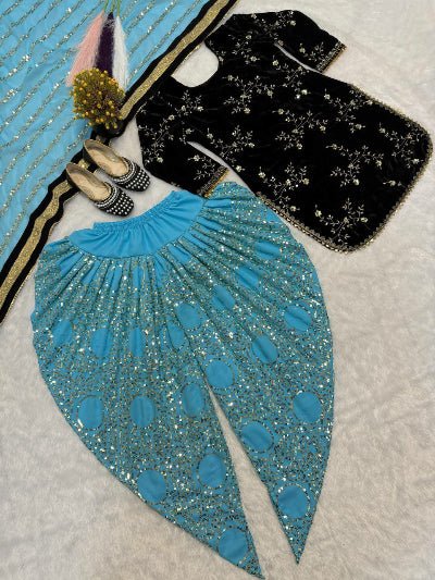 Blue & Black Velvet Embroidery Sequins Patiyala Suit - BONYHUBSALWAR KAMEEZ