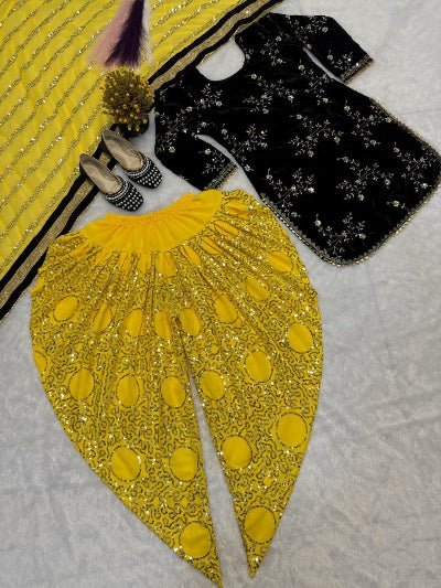 Yellow & Black Velvet Embroidery Sequins Patiyala Suit - BONYHUBSALWAR KAMEEZ