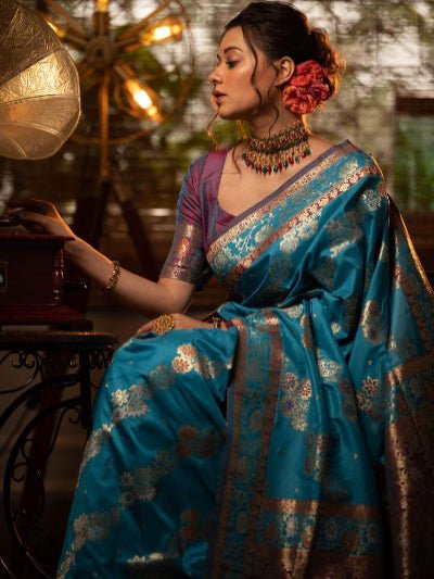 Blue Soft Banarasi Silk Meenakari Weaving Saree - BONYHUBSAREE