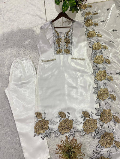 White Organza Embroidery Cut Work Floral Suit Set