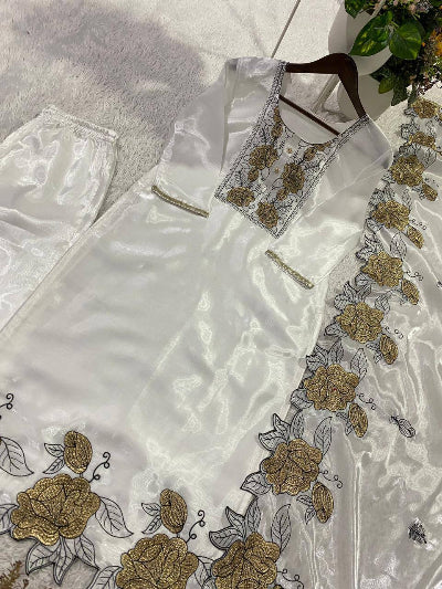 White Organza Embroidery Cut Work Floral Suit Set