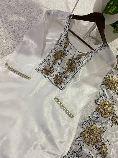 White Organza Embroidery Cut Work Floral Suit Set