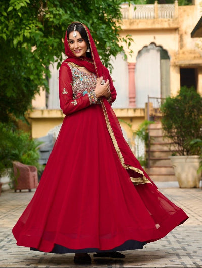 Red Georgette Embroidered Gown Dupatta Set Of 2