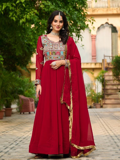 Red Georgette Embroidered Gown Dupatta Set Of 2