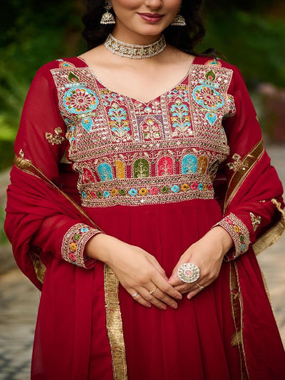 Red Georgette Embroidered Gown Dupatta Set Of 2