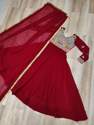 Red Georgette Embroidered Gown Dupatta Set Of 2