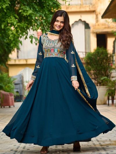 Teal Blue Georgette Embroidered Gown Dupatta Set Of 2