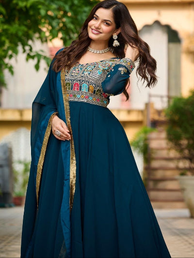 Teal Blue Georgette Embroidered Gown Dupatta Set Of 2