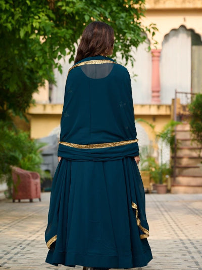 Teal Blue Georgette Embroidered Gown Dupatta Set Of 2