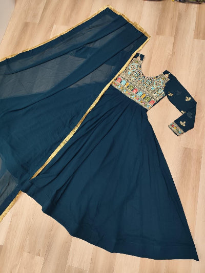 Teal Blue Georgette Embroidered Gown Dupatta Set Of 2