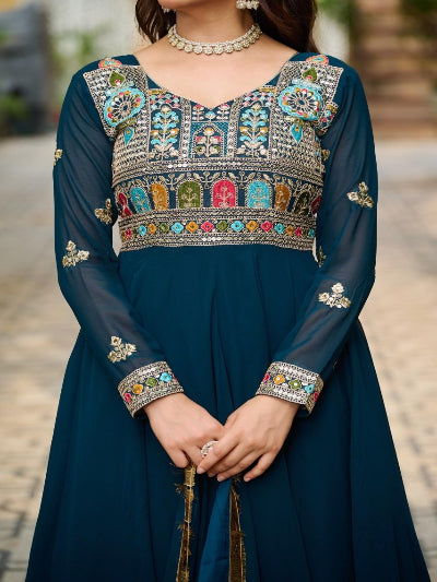 Teal Blue Georgette Embroidered Gown Dupatta Set Of 2