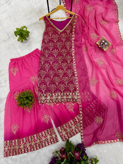 Pink Georgette Sleeveless Dual Shaded Embroidered Sharara Suit