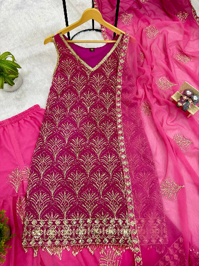 Pink Georgette Sleeveless Dual Shaded Embroidered Sharara Suit