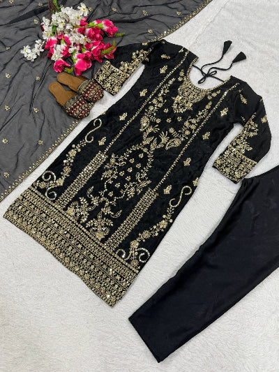 Black Gold Embroidery Sequins Straight Suit