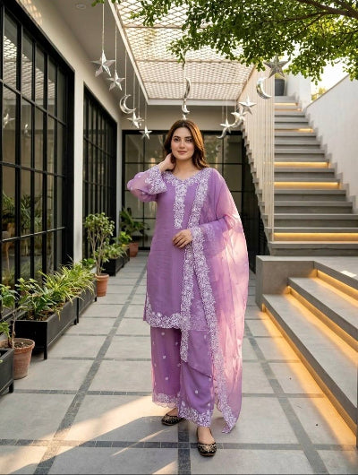 Lilac Chanderi Embroidery Work Palazzo Suit Set