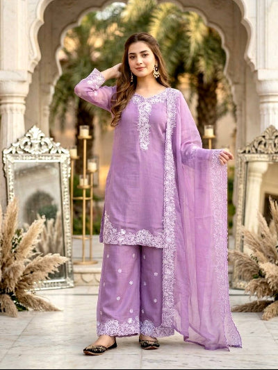 Lilac Chanderi Embroidery Work Palazzo Suit Set