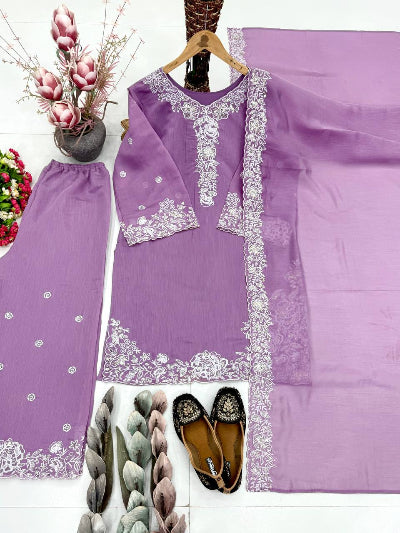 Lilac Chanderi Embroidery Work Palazzo Suit Set