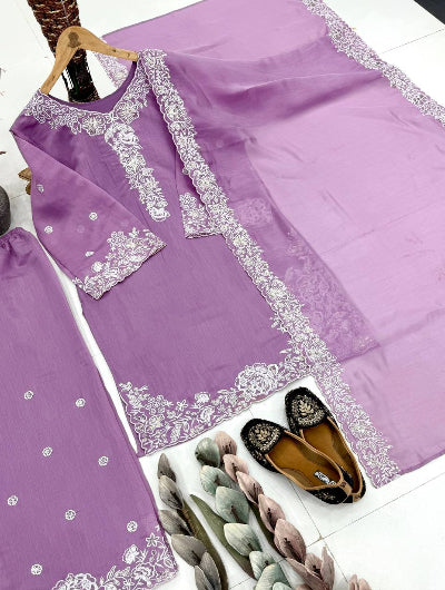 Lilac Chanderi Embroidery Work Palazzo Suit Set
