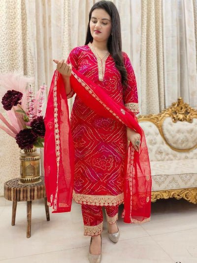Red Bandhani Embroidery Zari Work Straight Suit Set - BONYHUBSALWAR KAMEEZ