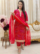 Red Bandhani Embroidery Zari Work Straight Suit Set - BONYHUBSALWAR KAMEEZ
