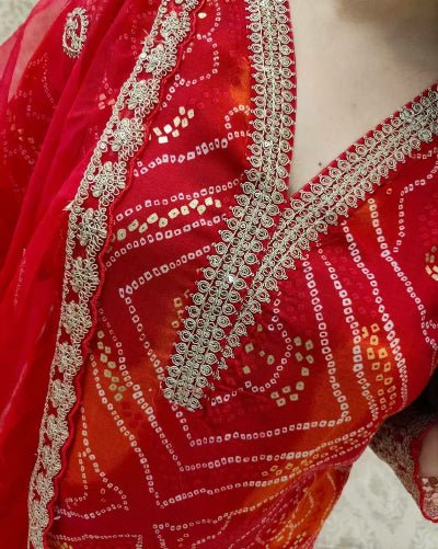 Red Bandhani Embroidery Zari Work Straight Suit Set - BONYHUBSALWAR KAMEEZ