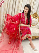 Red Bandhani Embroidery Zari Work Straight Suit Set - BONYHUBSALWAR KAMEEZ