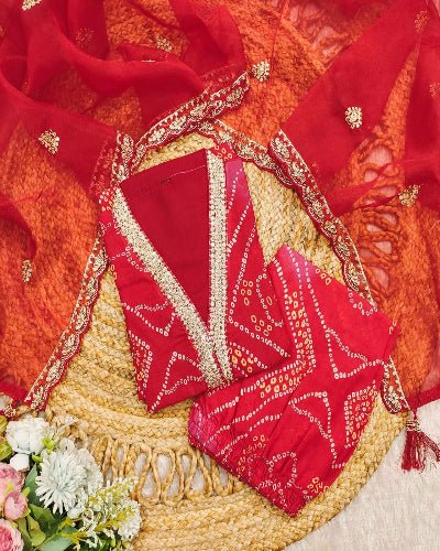 Red Bandhani Embroidery Zari Work Straight Suit Set - BONYHUBSALWAR KAMEEZ