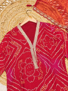 Red Bandhani Embroidery Zari Work Straight Suit Set - BONYHUBSALWAR KAMEEZ