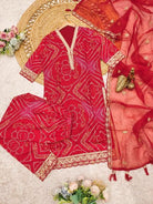 Red Bandhani Embroidery Zari Work Straight Suit Set - BONYHUBSALWAR KAMEEZ