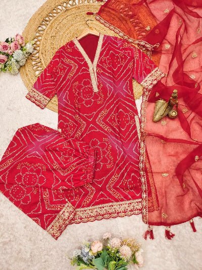 Red Bandhani Embroidery Zari Work Straight Suit Set - BONYHUBSALWAR KAMEEZ