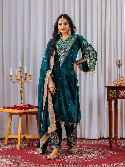 Turquoise Blue Velvet Embroidery Moti Work Bell Sleeves Suit - BONYHUBSALWAR KAMEEZ