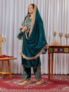 Turquoise Blue Velvet Embroidery Moti Work Bell Sleeves Suit - BONYHUBSALWAR KAMEEZ