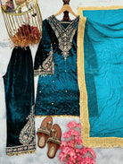 Turquoise Blue Velvet Embroidery Moti Work Bell Sleeves Suit - BONYHUBSALWAR KAMEEZ