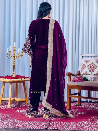 Purple Velvet Embroidery Moti Work Bell Sleeves Suit - BONYHUBSALWAR KAMEEZ